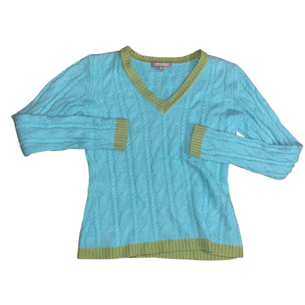 Neiman Marcus Womens Sweater Large Green  Cashmere Cable Knit V Neck Top Shirt
